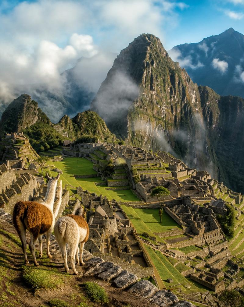 Machu Picchu con montañas brumosas y llamas