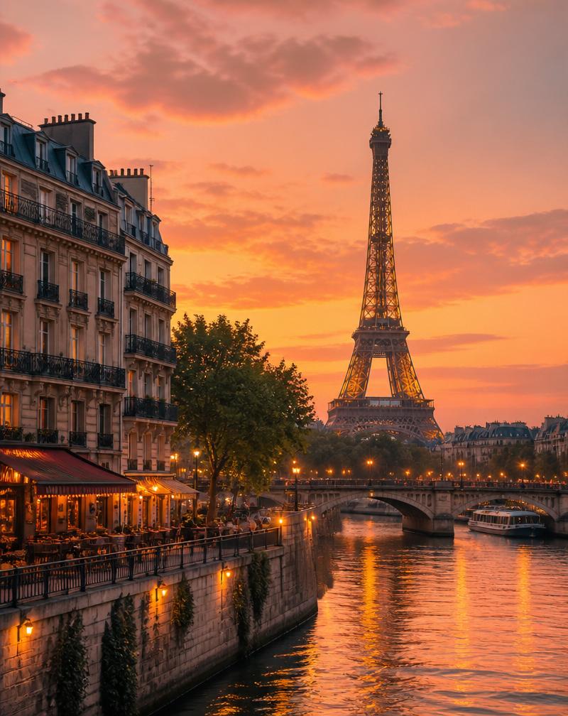 Torre Eiffel al atardecer con el río Sena